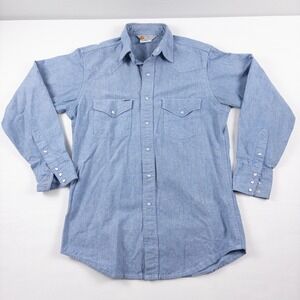 Vintage Carhartt Western Shirt Mens Medium Blue Denim Pearl Snap Union USA
